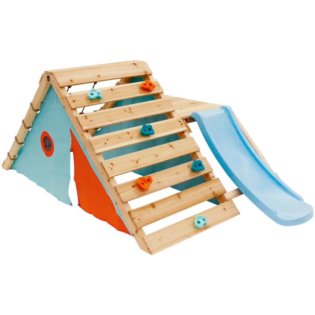 Compact houten speeltoestel tuin glijbaan met klimwand en tentdoek