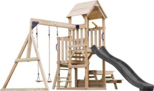 Houten speeltoestel met schommel, glijbaan, toren en picknicktafel