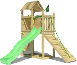 Houten speeltoestel tuin met glijbaan, klimwand, klimhelling en toren
