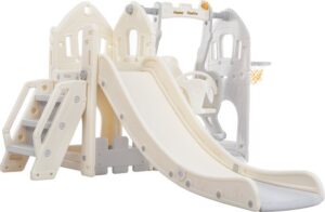 Beige speeltoestel tuin glijbaan met trapje en basketbalnet